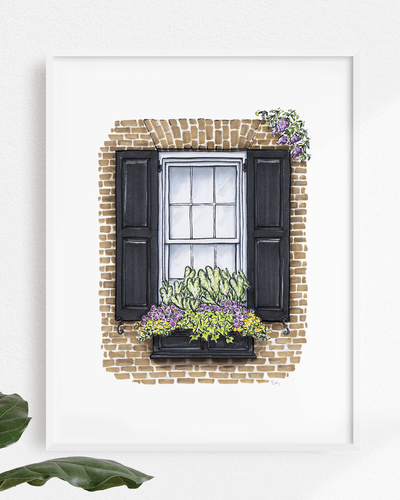 Flower Box Print of Brick House with Crepe Myrtle