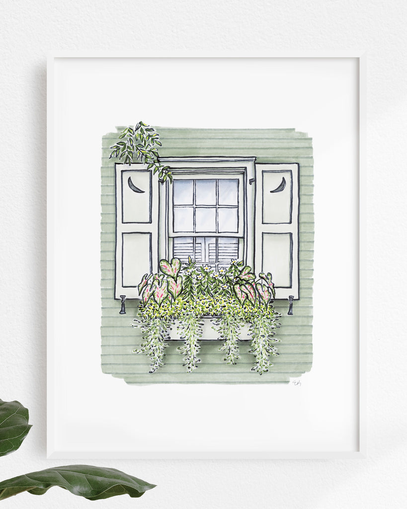 Flower Box Print of Sage Green House with Moons