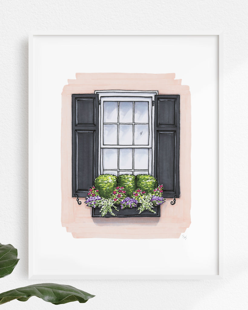 Flower Box Print of Light Coral House with Boxwoods