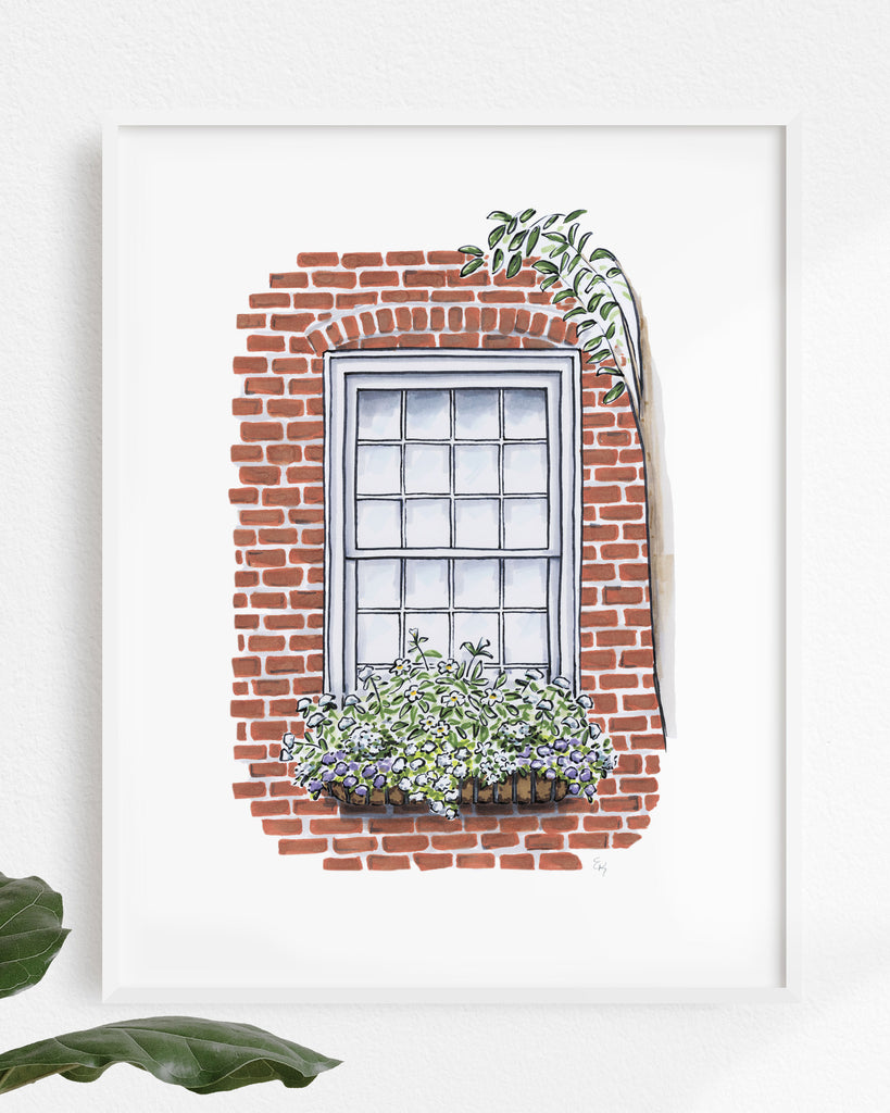 Flower Box Print of Red Brick House with Tree