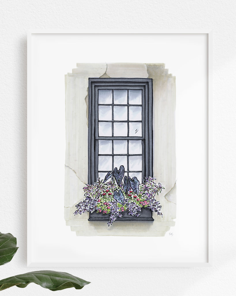 Flower Box Print of Greige House with Purple Foliage