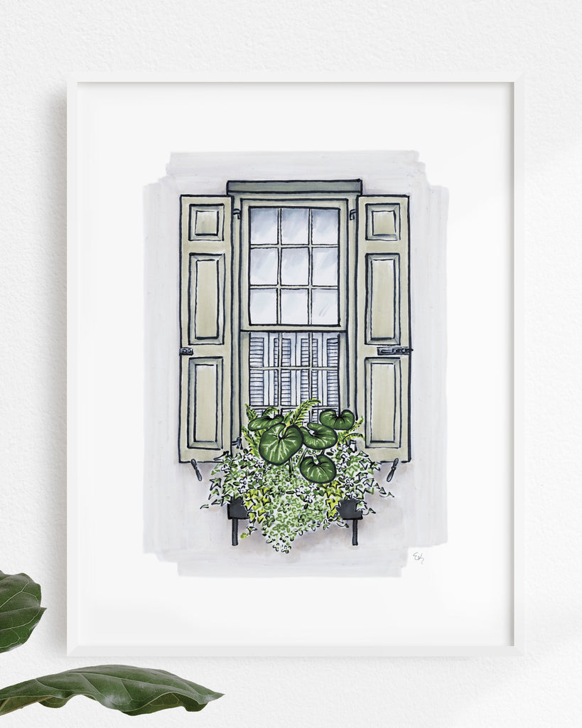 Flower Box Print of Grey House with Tractor Seat Plants