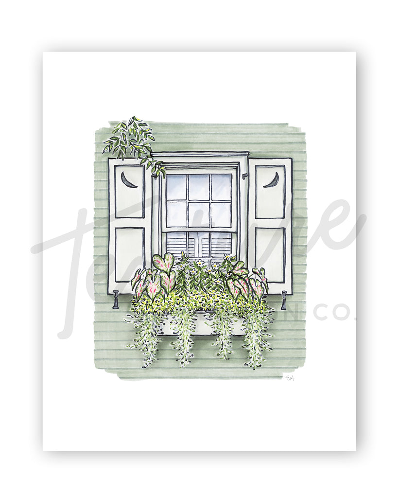 Flower Box Print of Sage Green House with Moons