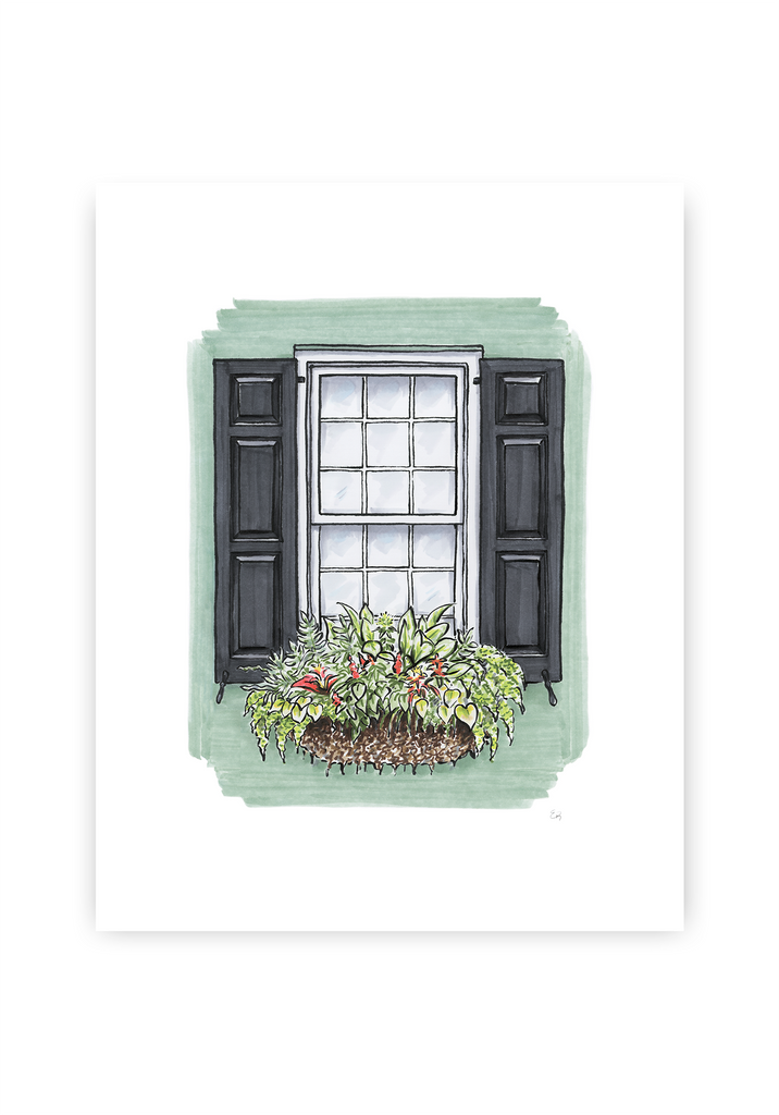 Flower Box Print of Green House with Red Flowers