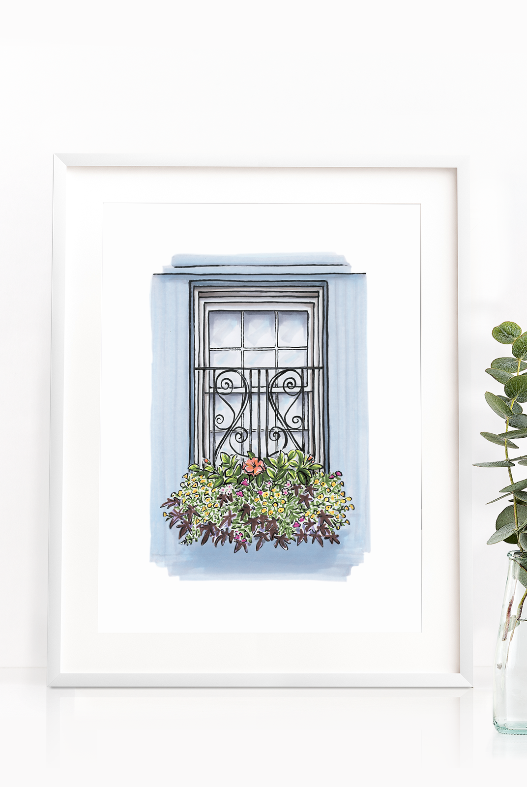 Flower Box Print of Blue House with Coastal Flowers