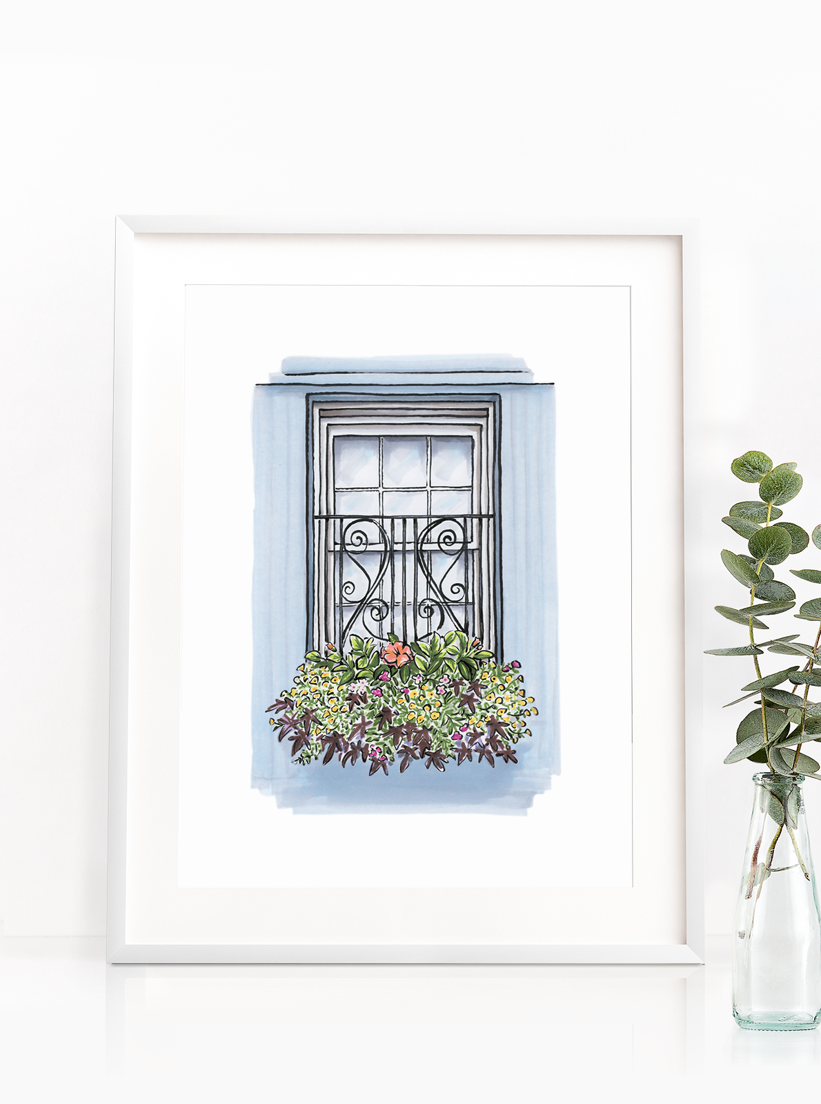 Flower Box Print of Blue House with Coastal Flowers