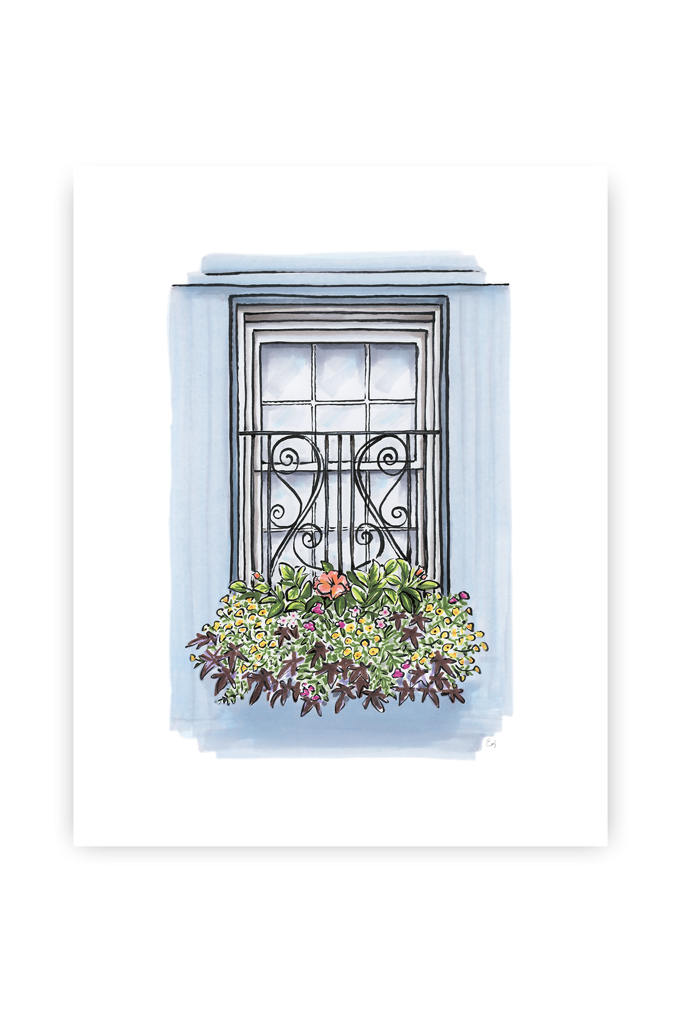 Flower Box Print of Blue House with Coastal Flowers