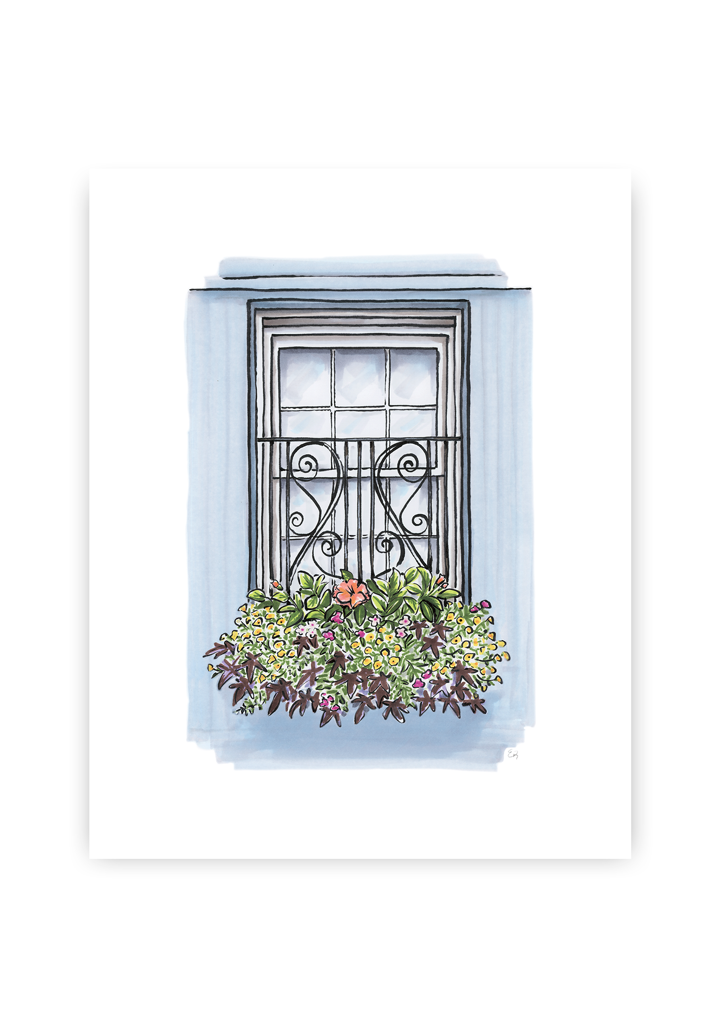 Flower Box Print of Blue House with Coastal Flowers