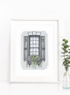 Flower Box Print of Grey House with Purple Flowers