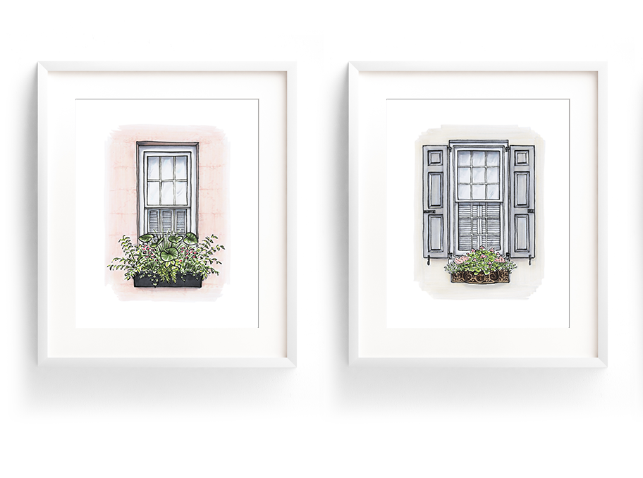 Flower Box Print of Pink House with Greenery