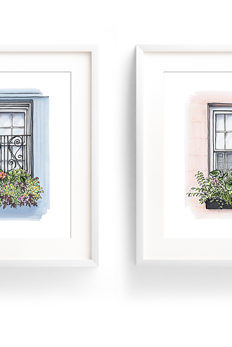 Flower Box Print of Blue House with Coastal Flowers