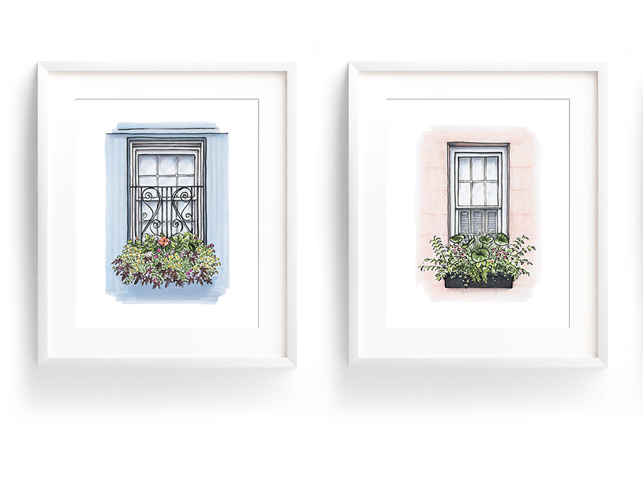 Flower Box Print of Blue House with Coastal Flowers