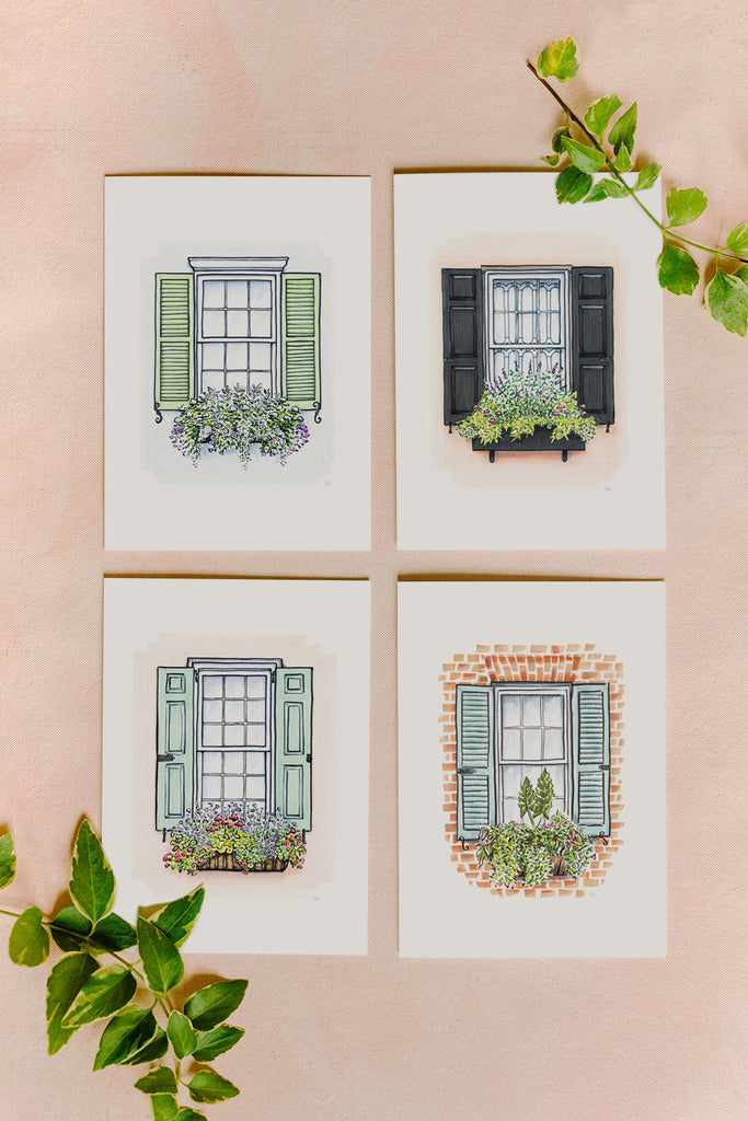 Flower Box Greeting Card - Grey & Green House