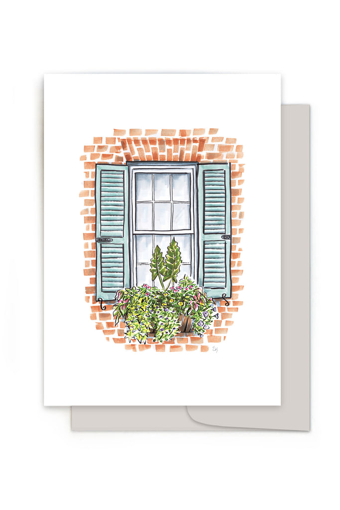 Flower Box Greeting Card - Brick & Blue House