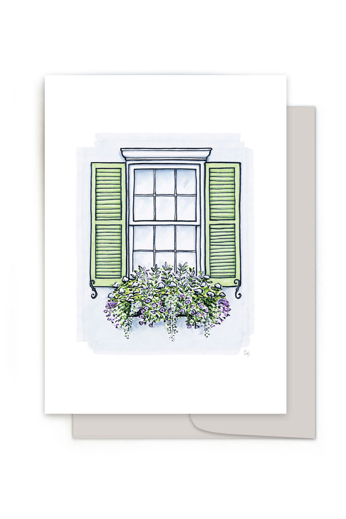 Flower Box Greeting Card - Grey & Green House