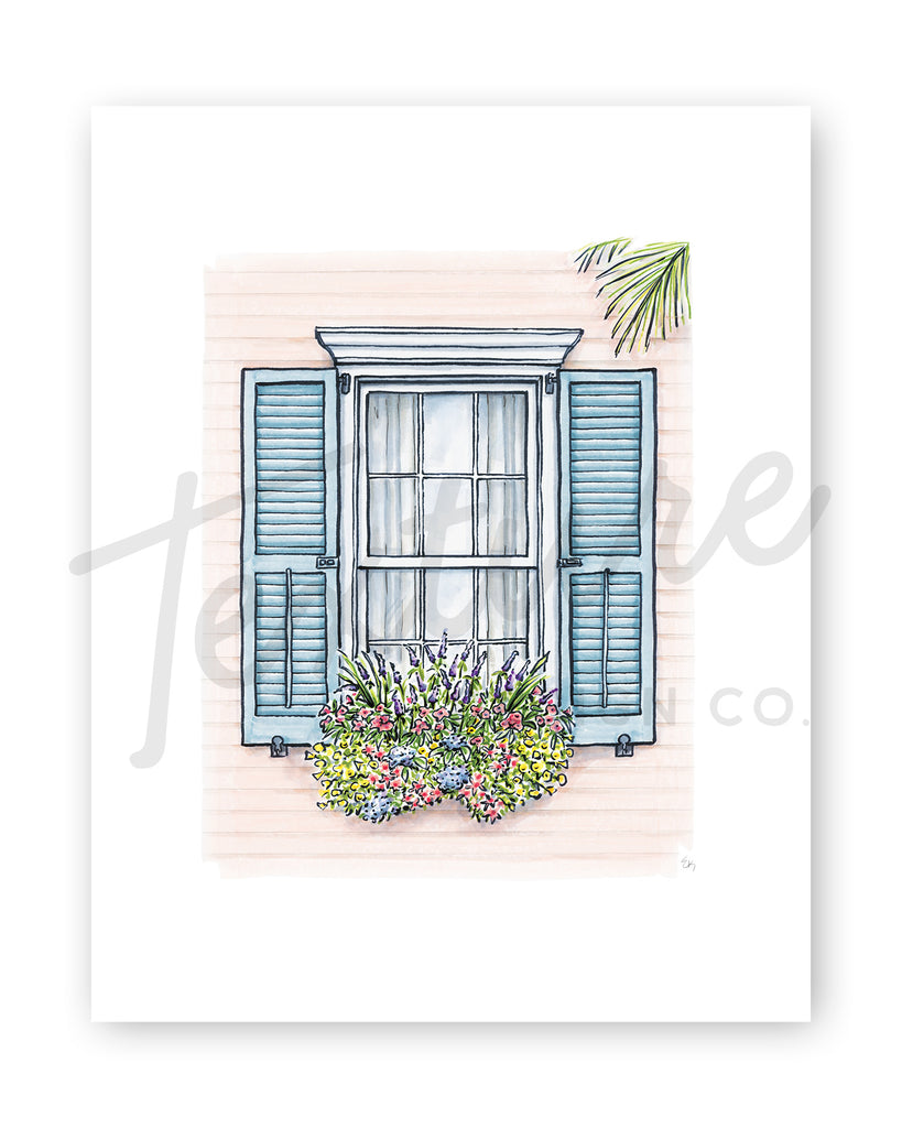Flower Box Print of Pink House with Palm Leaf