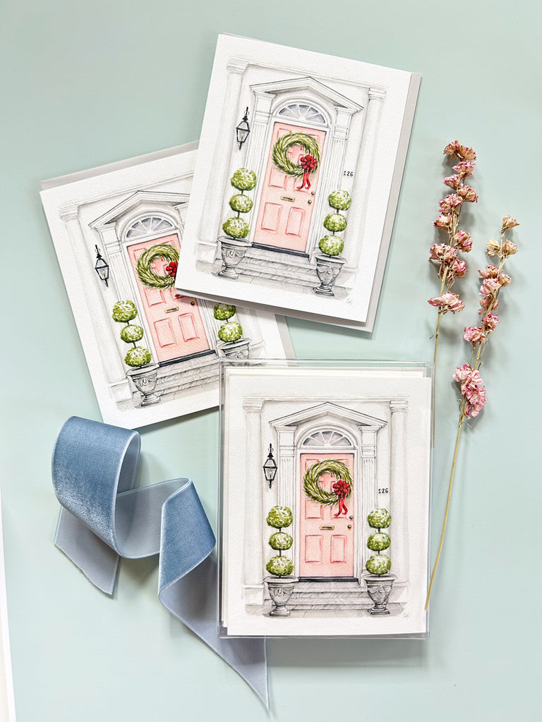 Front Door Greeting Card - The Pink Holiday Door