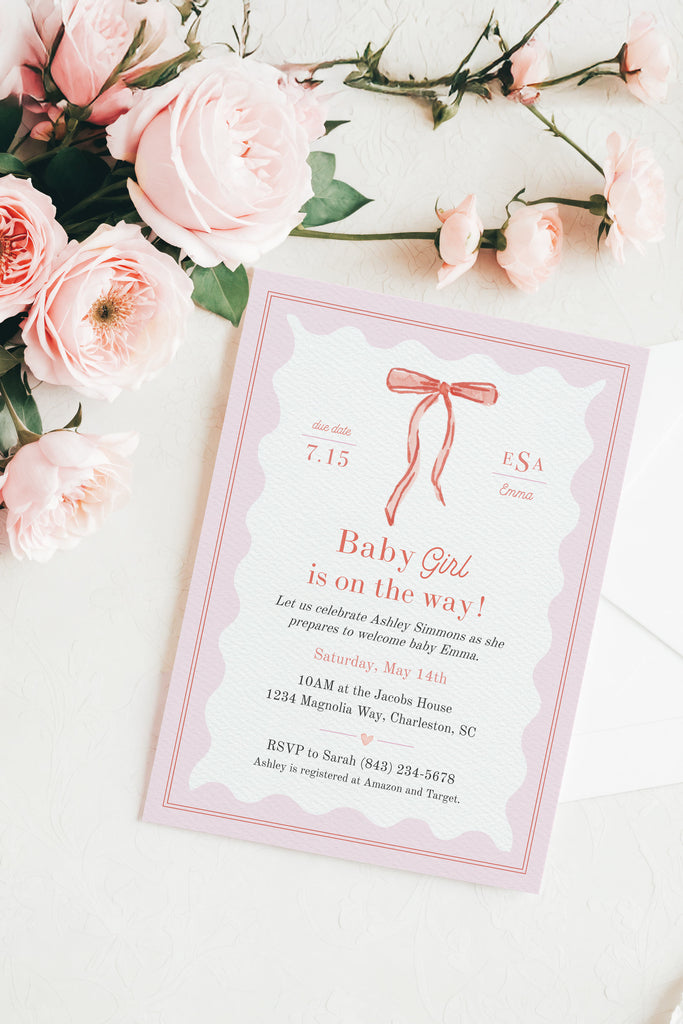 Tied with Love Baby Shower Invitation  in Pink [Digital Download]