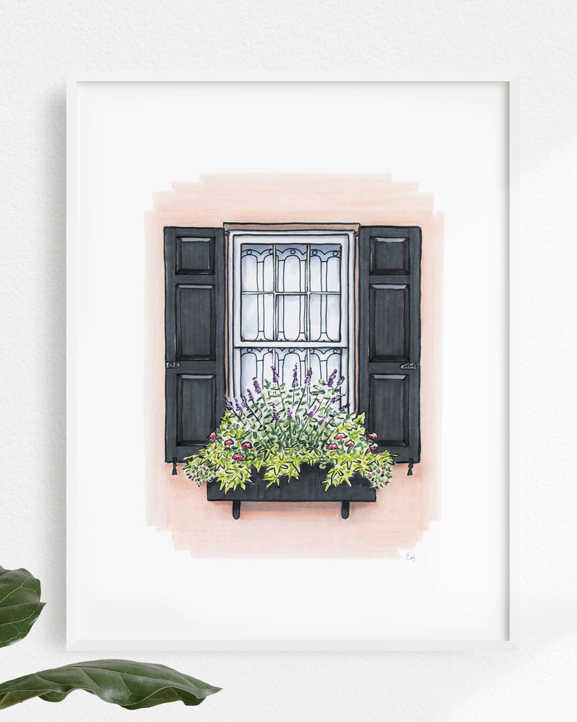 Flower Box Print of Light Coral House with Black Shutters
