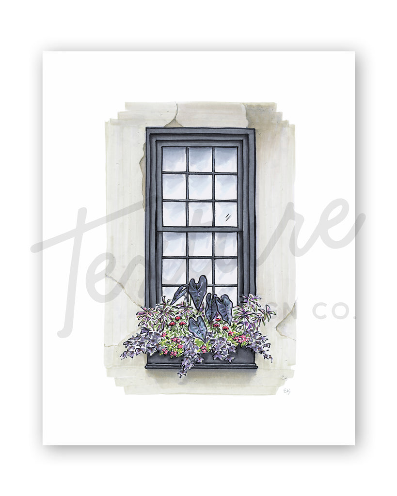 Flower Box Print of Greige House with Purple Foliage