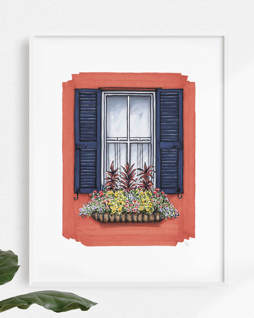 Flower Box Print of Red House with Navy Shutters