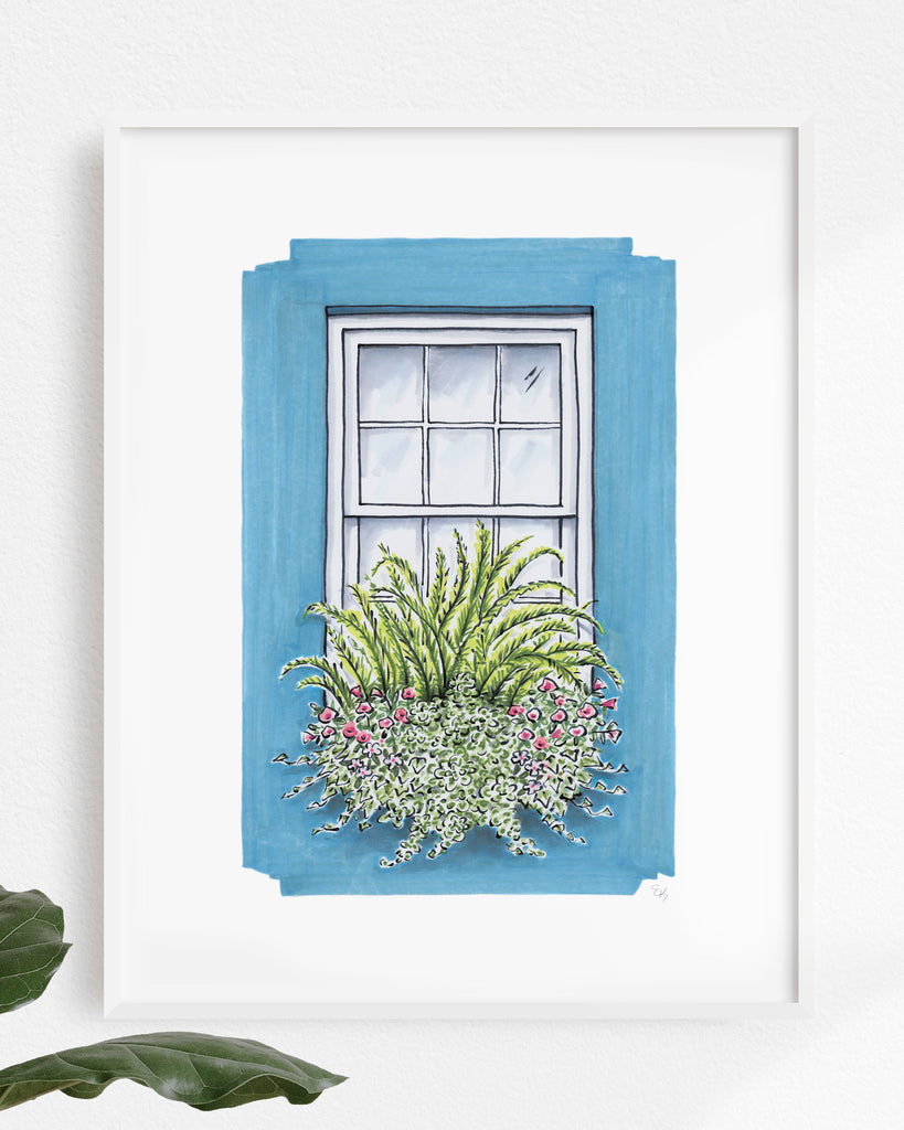 Flower Box Print of Turquoise House with Ferns