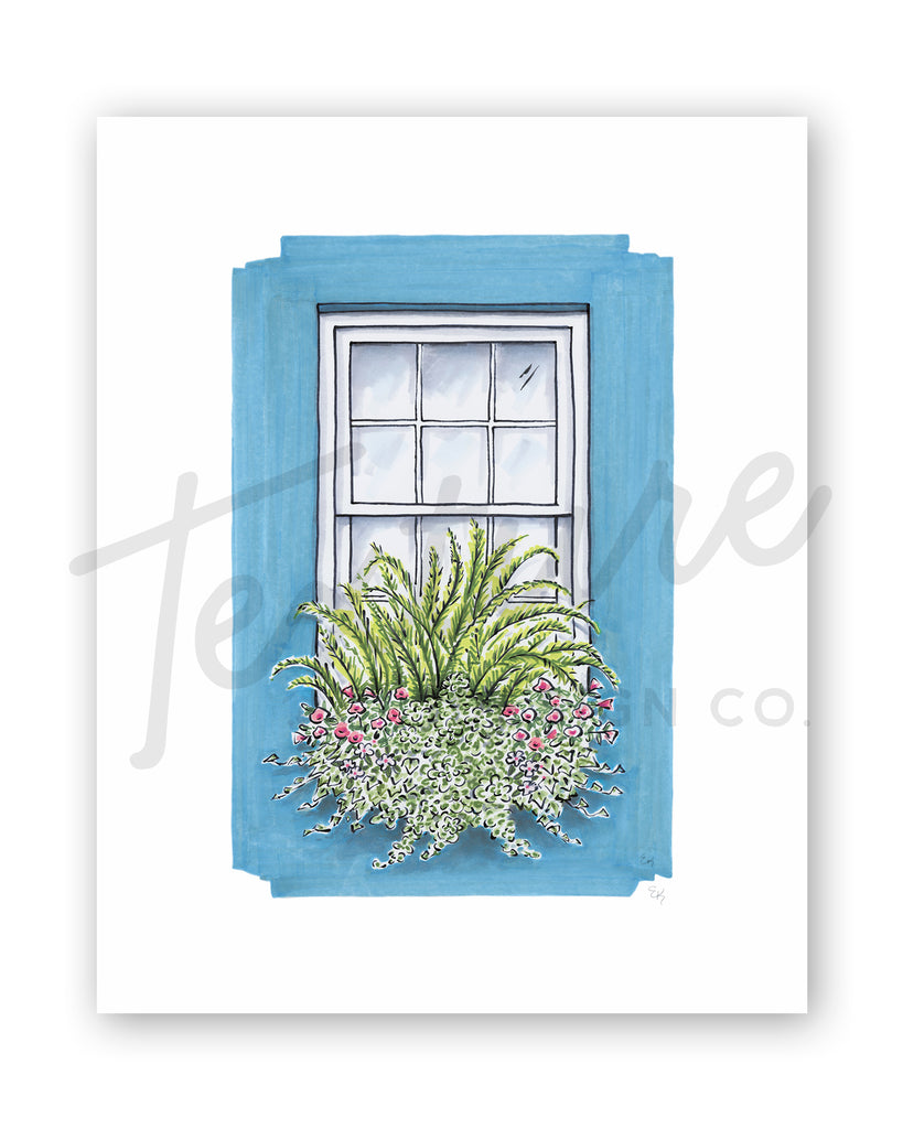 Flower Box Print of Turquoise House with Ferns