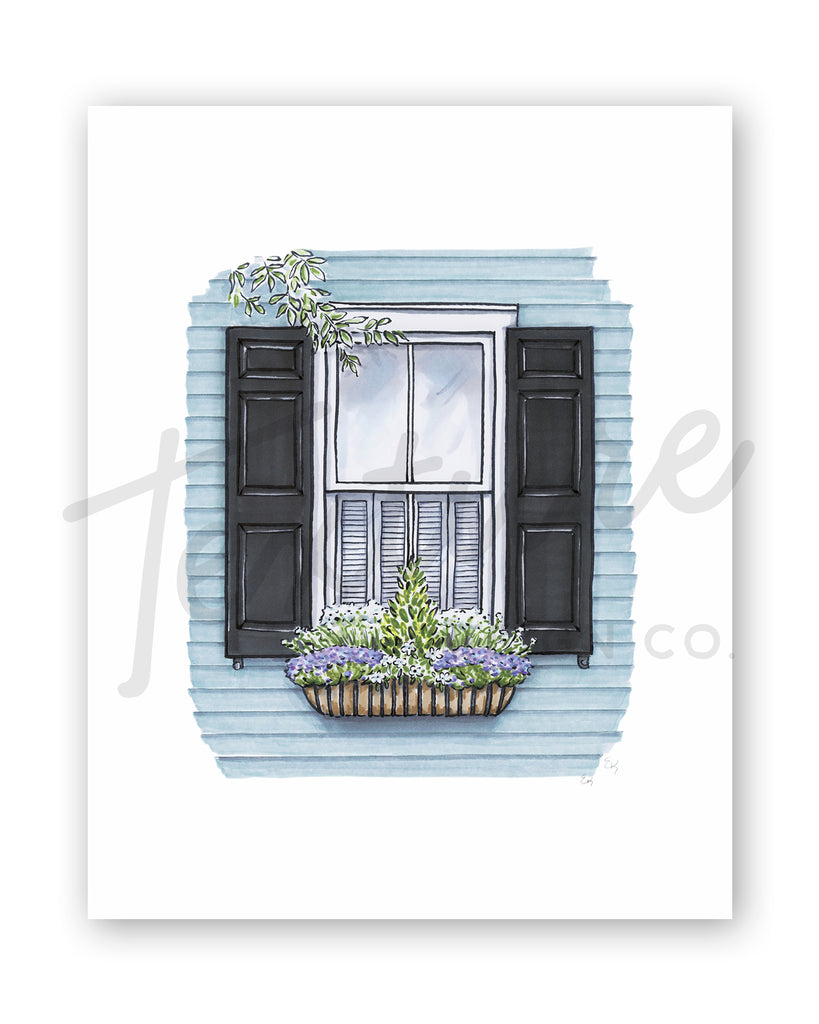 Flower Box Print of Blue Siding House with Purple Flowers