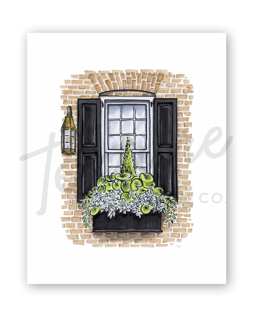 Flower Box Print of Brick House with Lantern