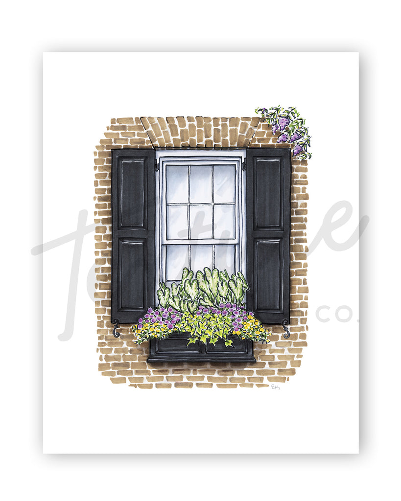 Flower Box Print of Brick House with Crepe Myrtle