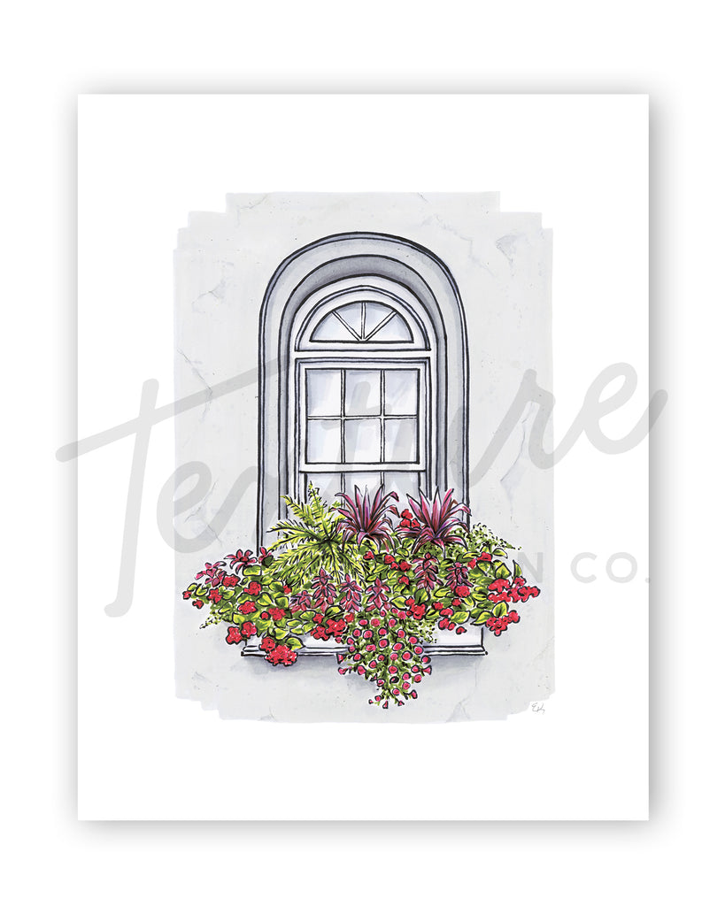 Flower Box Print of Grey Arched Window with Red Flowers