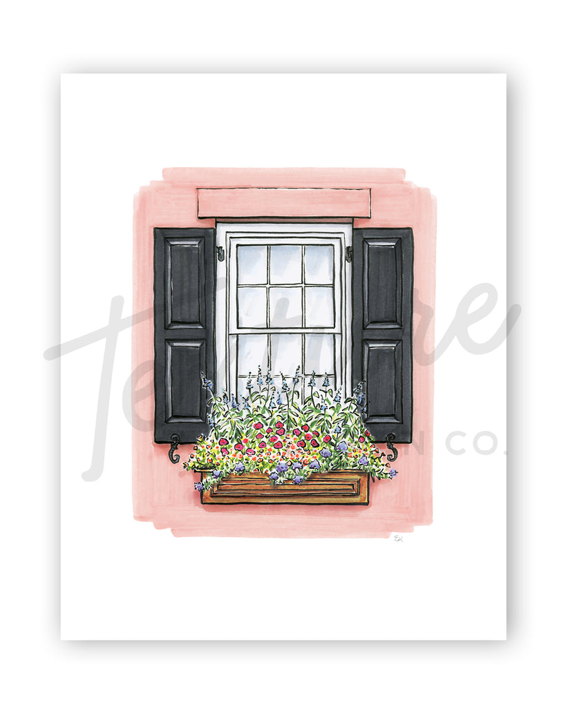 Flower Box Print of Mauve House with Wood Flower Box