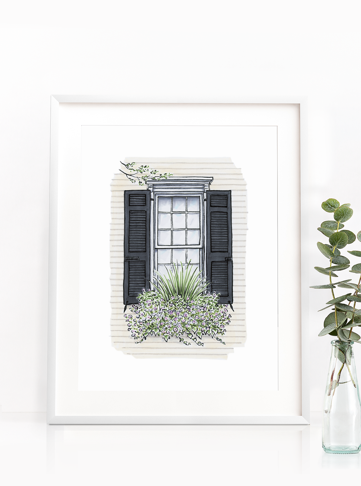 Flower Box Print of Cream House with Purple Flowers