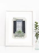 Flower Box Print of Cream House with Purple Flowers