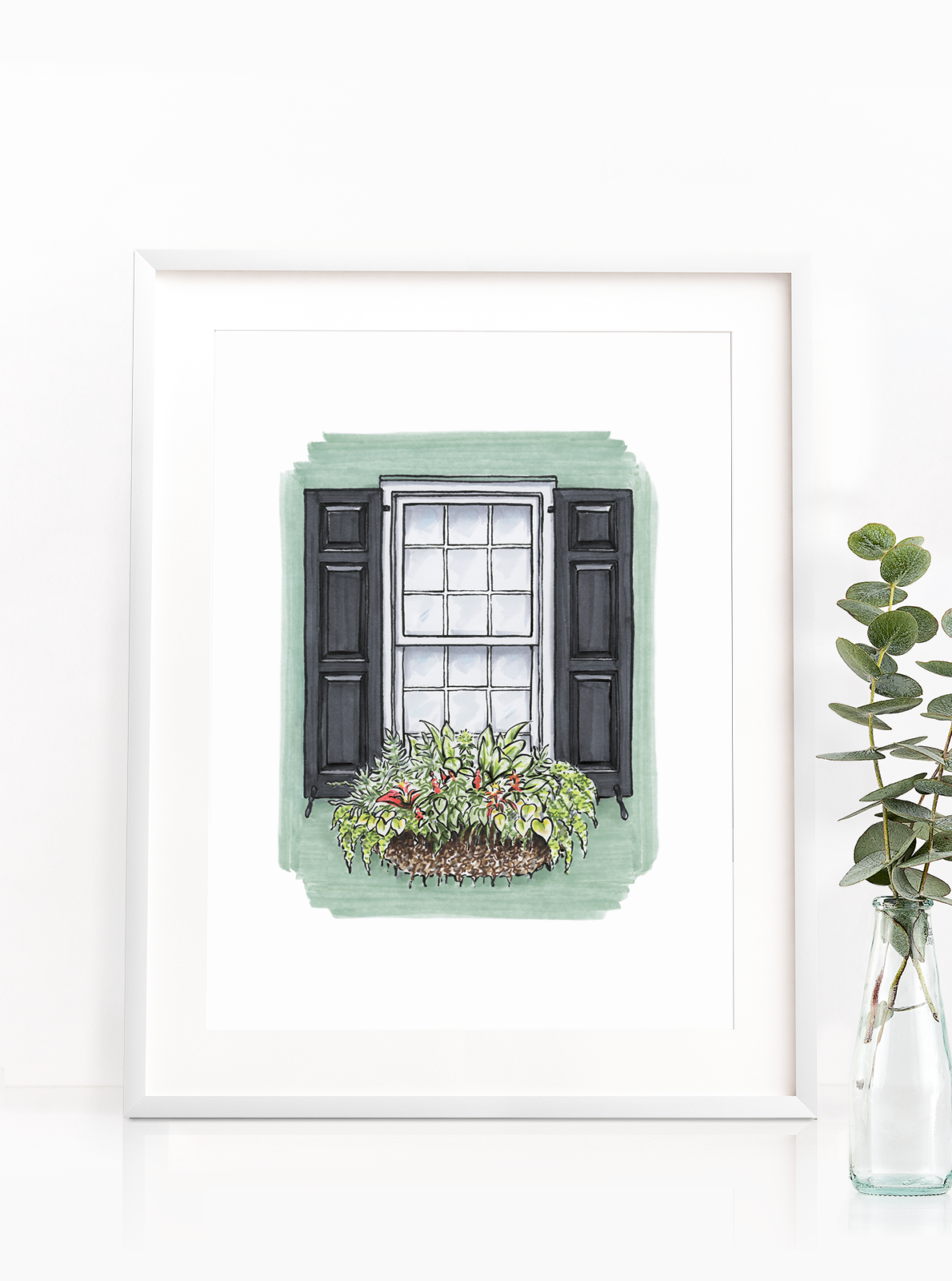 Flower Box Print of Green House with Red Flowers
