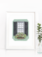 Flower Box Print of Green House with Red Flowers