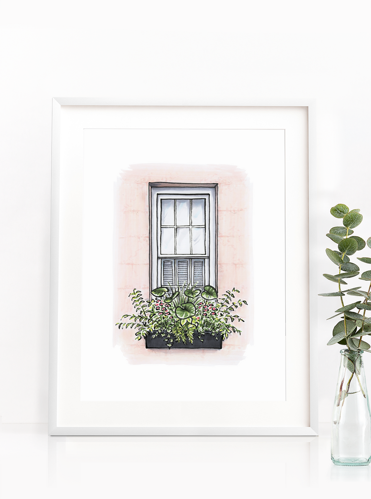 Flower Box Print of Pink House with Greenery
