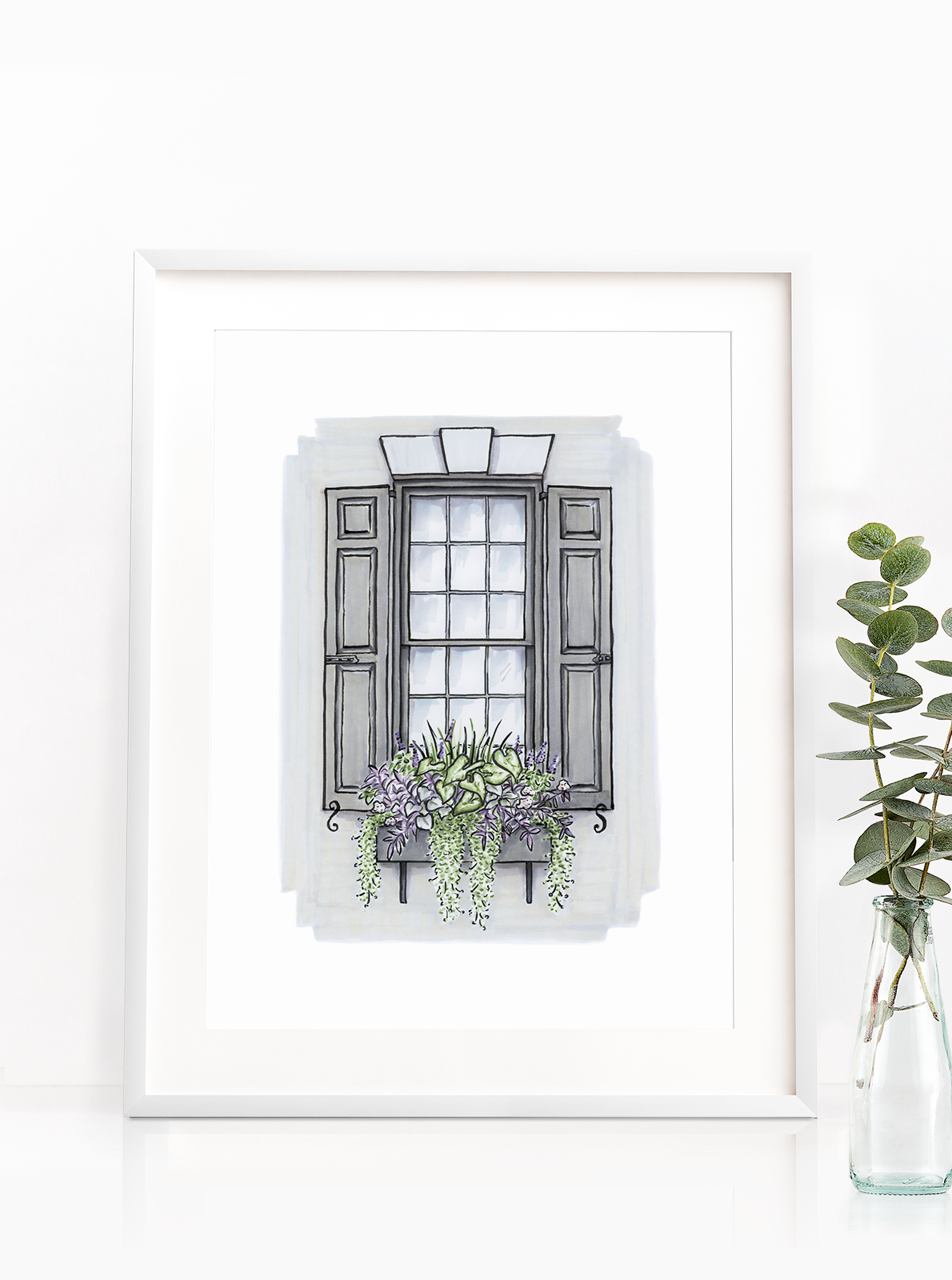 Flower Box Print of Grey House with Purple Flowers
