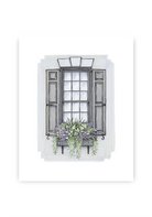 Flower Box Print of Grey House with Purple Flowers