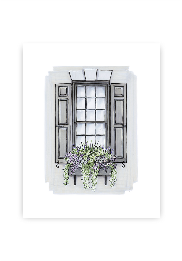 Flower Box Print of Grey House with Purple Flowers
