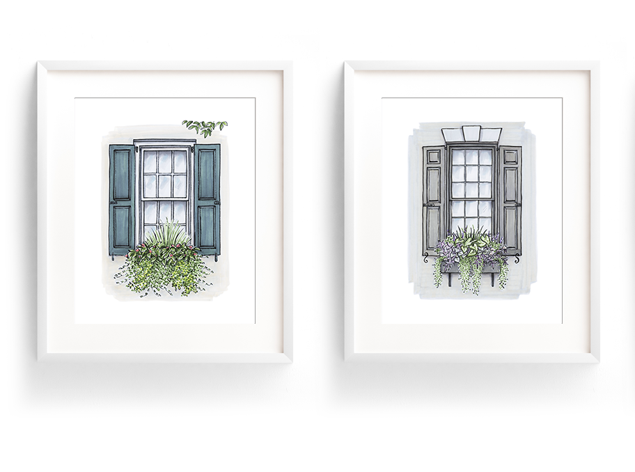 Flower Box Print of Grey House with Purple Flowers