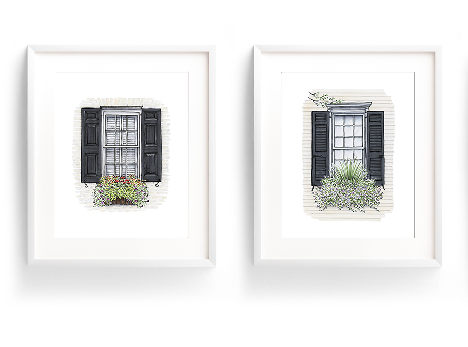 Flower Box Print of Cream House with Purple Flowers