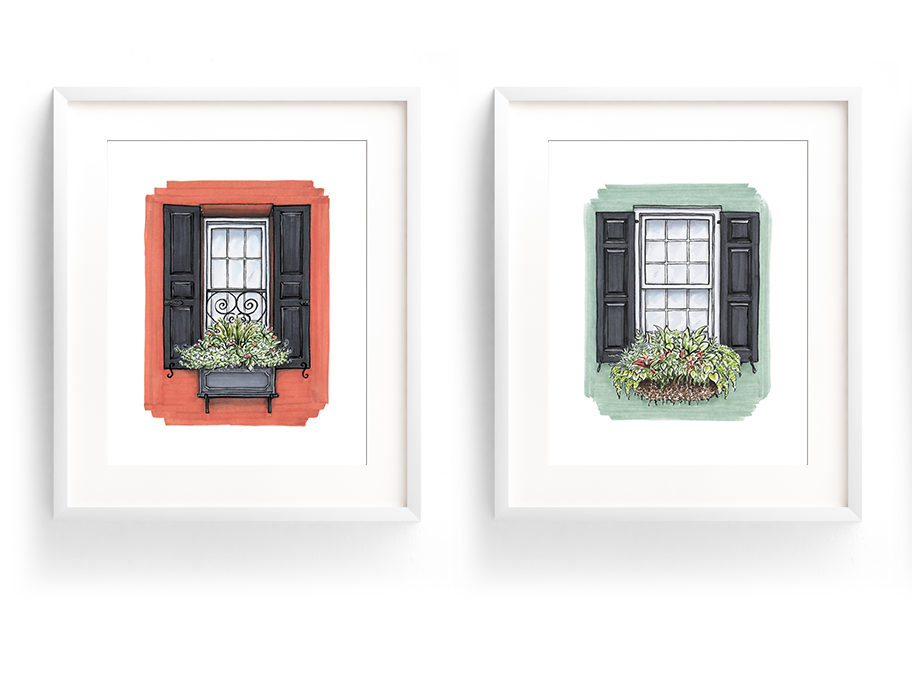 Flower Box Print of Green House with Red Flowers