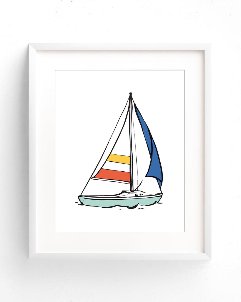 Sailboat print in Seafoam, Yellow, Coral, and Blue