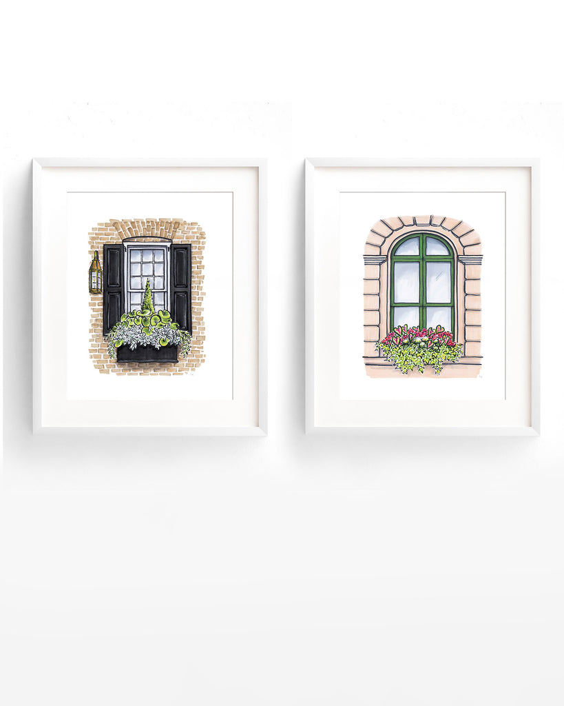 Flower Box Print of Stone Building with Green Trim
