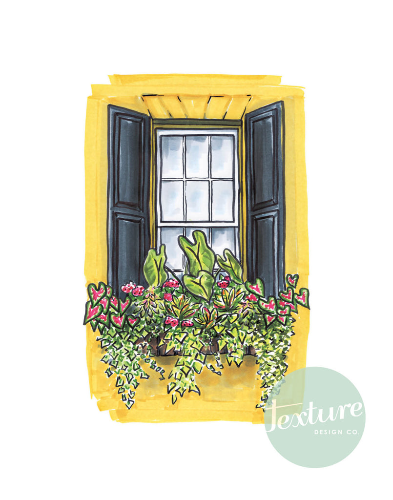 Flower Box Print of Yellow House with Black Shutters