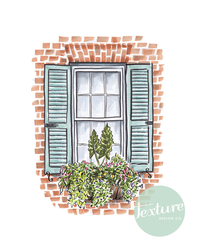 Flower Box Print with Brick House and Blue Shutters